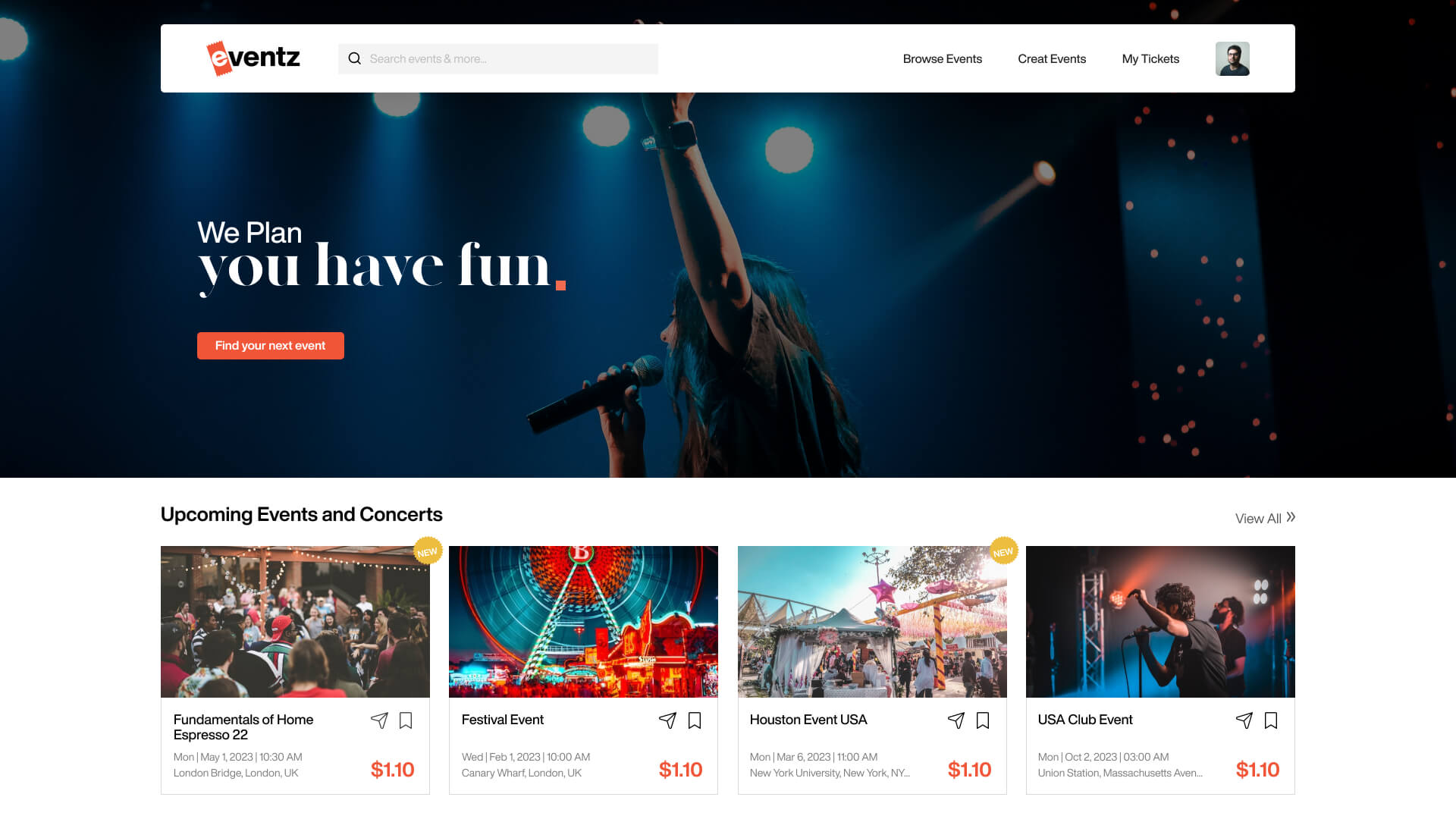 Eventz Home page